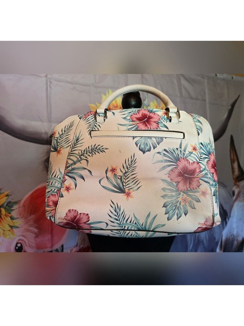 Guess Floral Satchel Bag Vintage Cream